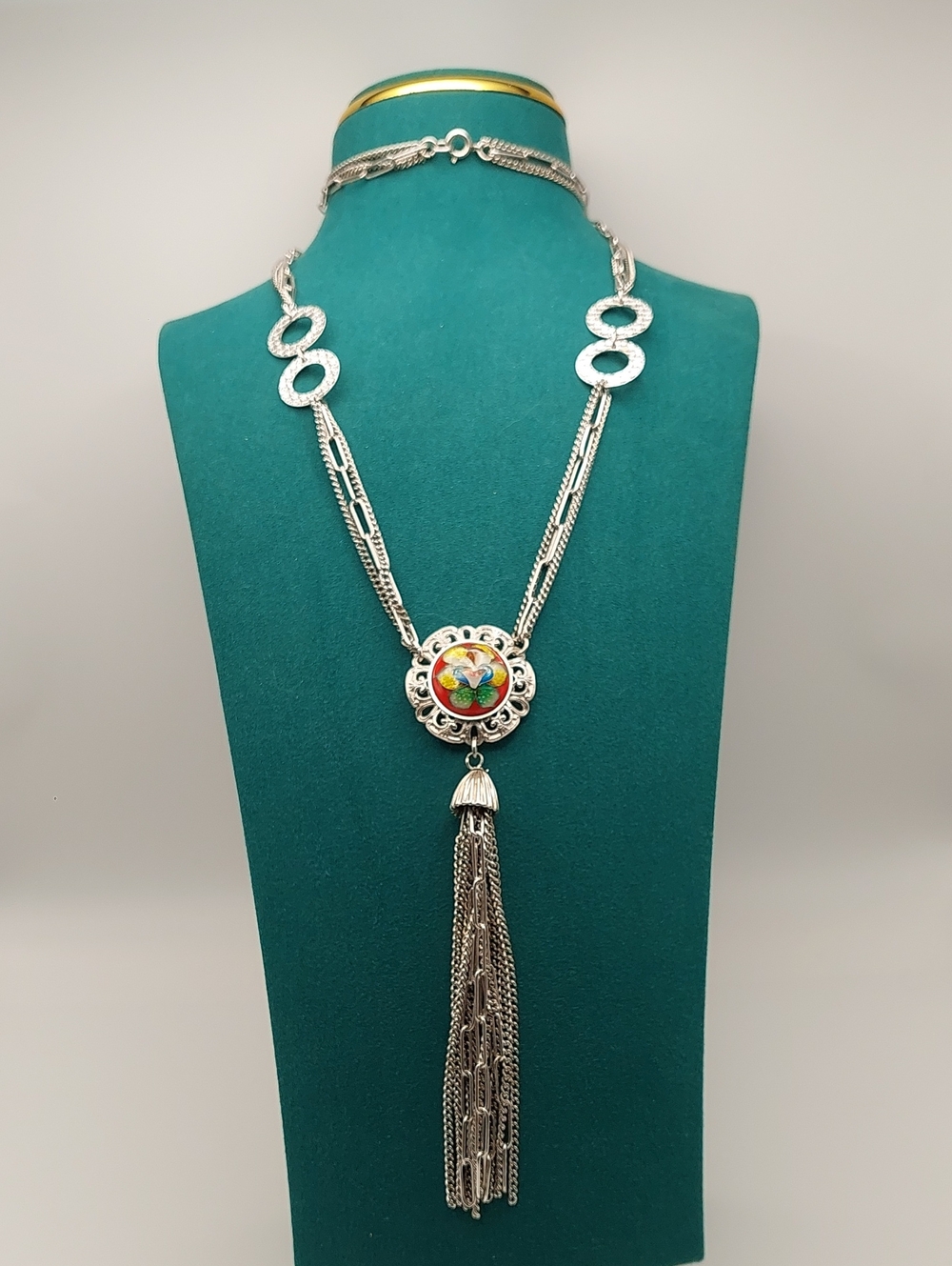 Vtg Silvertone Tassel Pendant Necklace with Multicolor Enamel Floral Accent